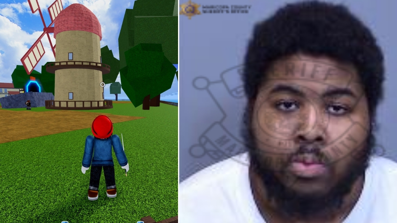Left: A scene from Roblox, the gaming platform used to contact victims. Right: Richard Billingsley'...