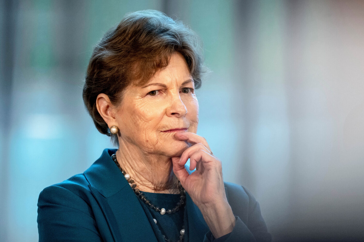 FILE - U.S. Sen. Jeanne Shaheen, D-N.H., looks on during a press conference with the American deleg...