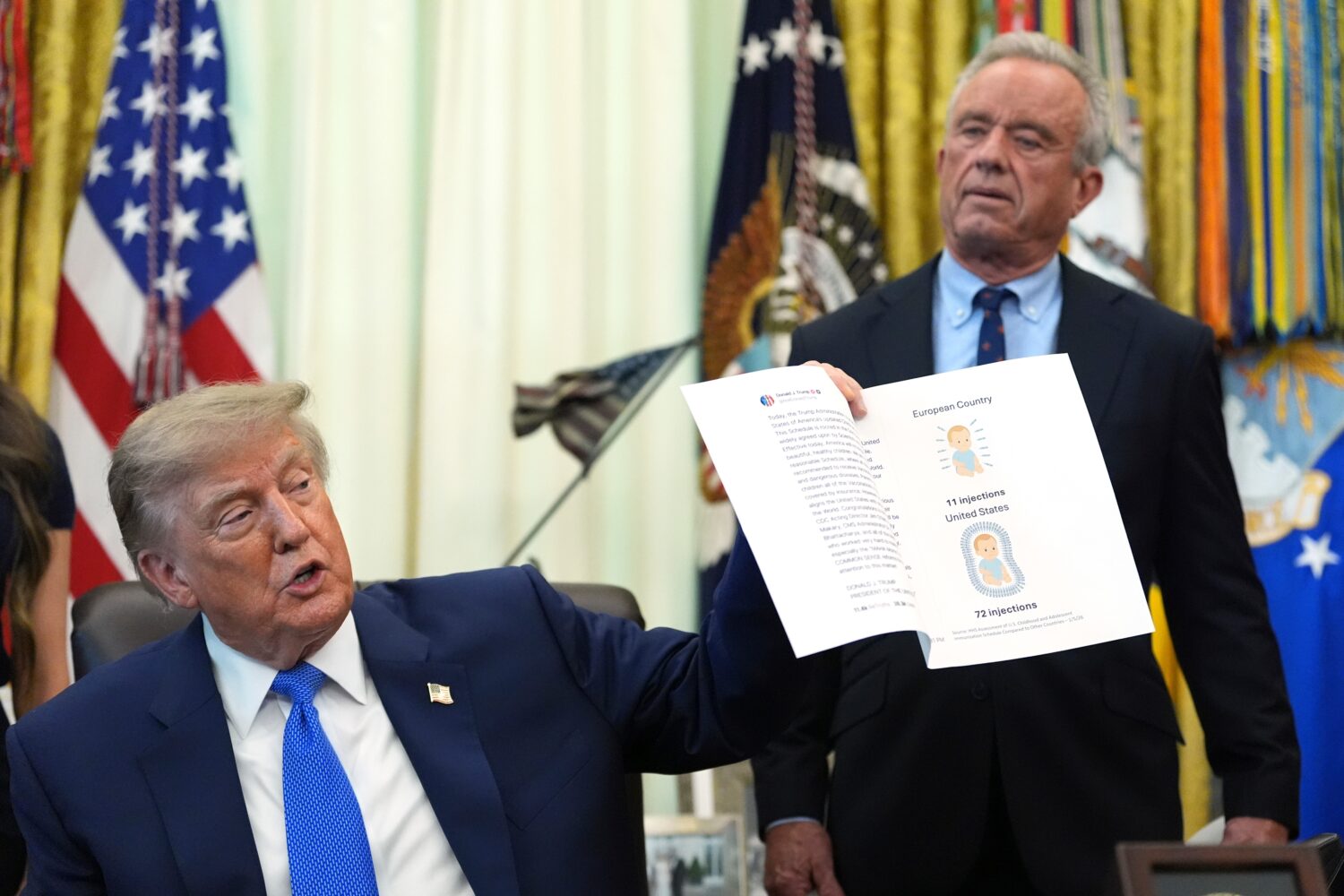 FILE - President Donald Trump holds up an image taken from his Truth Social account as Health and H...