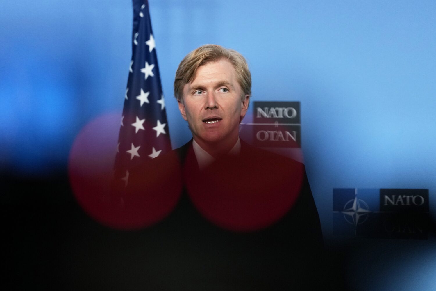 United States Undersecretary of Defense Elbridge Colby addresses the media at NATO headquarters in ...