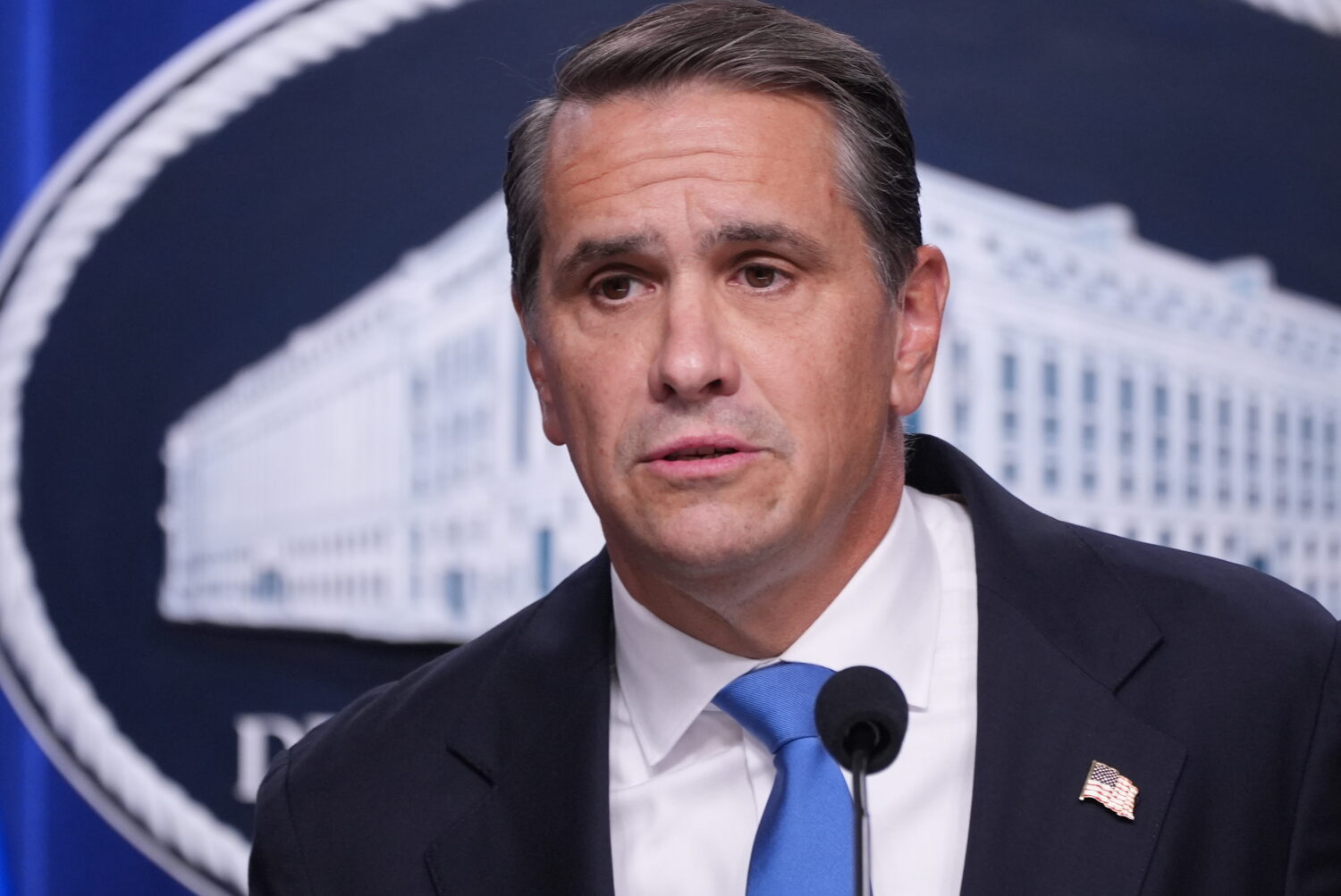 Attorney General Todd Blanche, speaks during a news conference at the Department of Justice, Wednes...