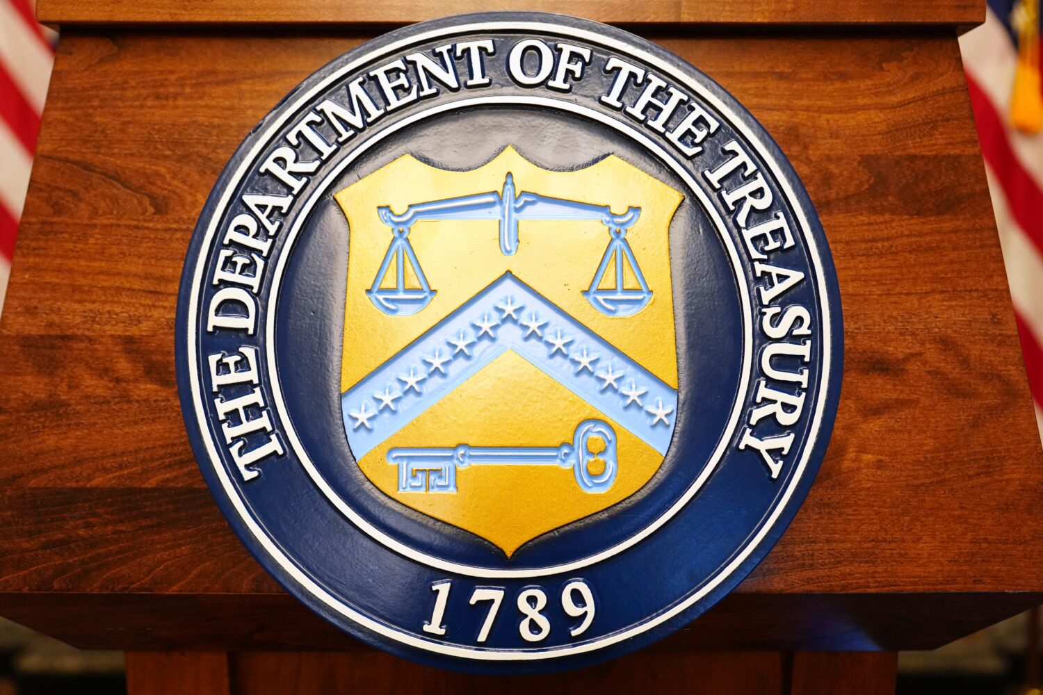 FILE - The seal of the Treasury Department is seen before a news conference, Aug. 24, 2026, at the ...