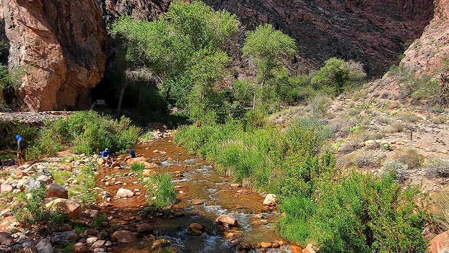 Bright Angel Creek in the inner Grand Canyon near Phantom Ranch. A second flash flood on Wednesday damaged a temporary water intake on the creek that crews were building to restore water service after a deadly flood struck the same area on Aug. 29. (National Park Service)