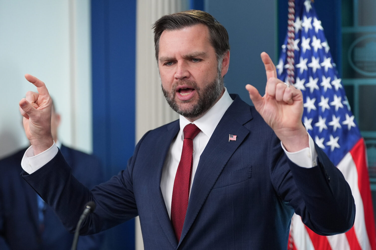 Vice President JD Vance speaks with reporters in the James Brady Press Briefing Room at the White H...