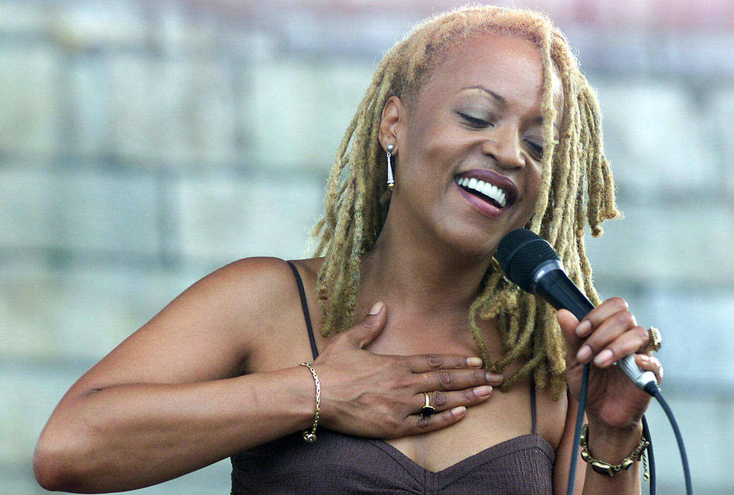 FILE - Cassandra Wilson performs at the JVC Jazz Festival in Newport, R.I., on Aug. 10, 2003. (AP P...