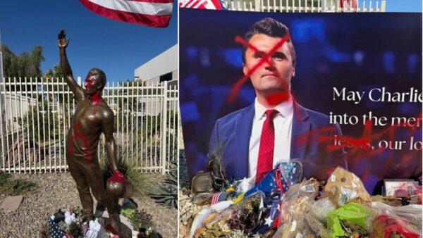 A statue to honor Charlie Kirk at Turning Point USA headquarters was vandalized overnight Sunday, the company announced. 