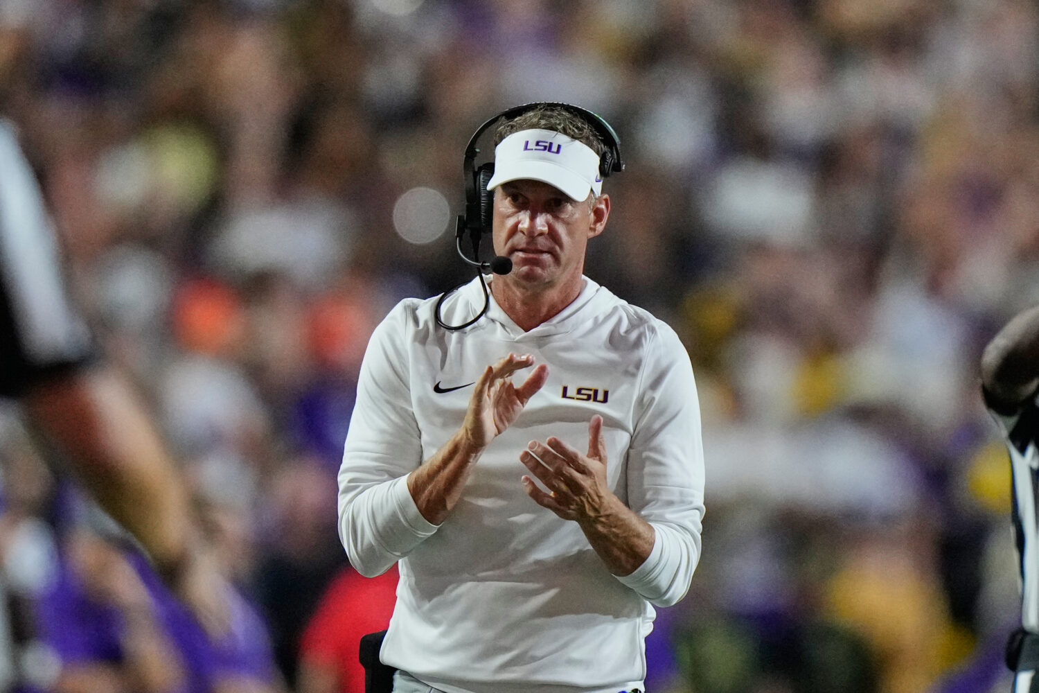 LSU head coach Lane Kiffin reacts in the first half of an NCAA college football game against Clemso...