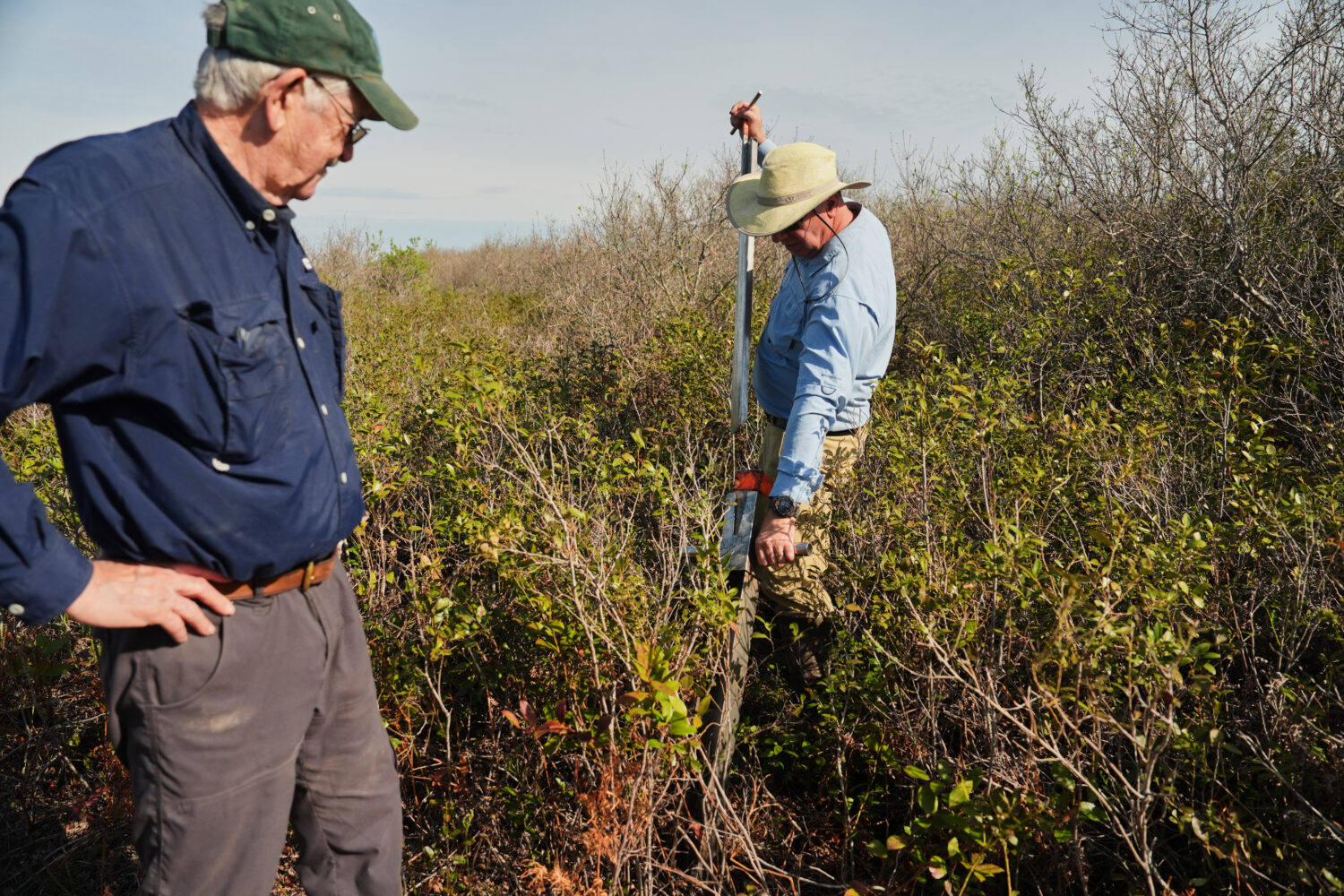 Neal Flanagan, right, a research scientist at Duke University, uses a tool to take a soil sample fr...