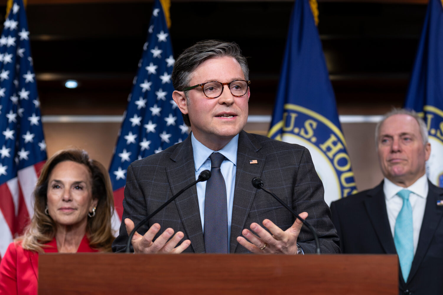 With election season getting underway, Speaker of the House Mike Johnson, R-La., center, flanked by...