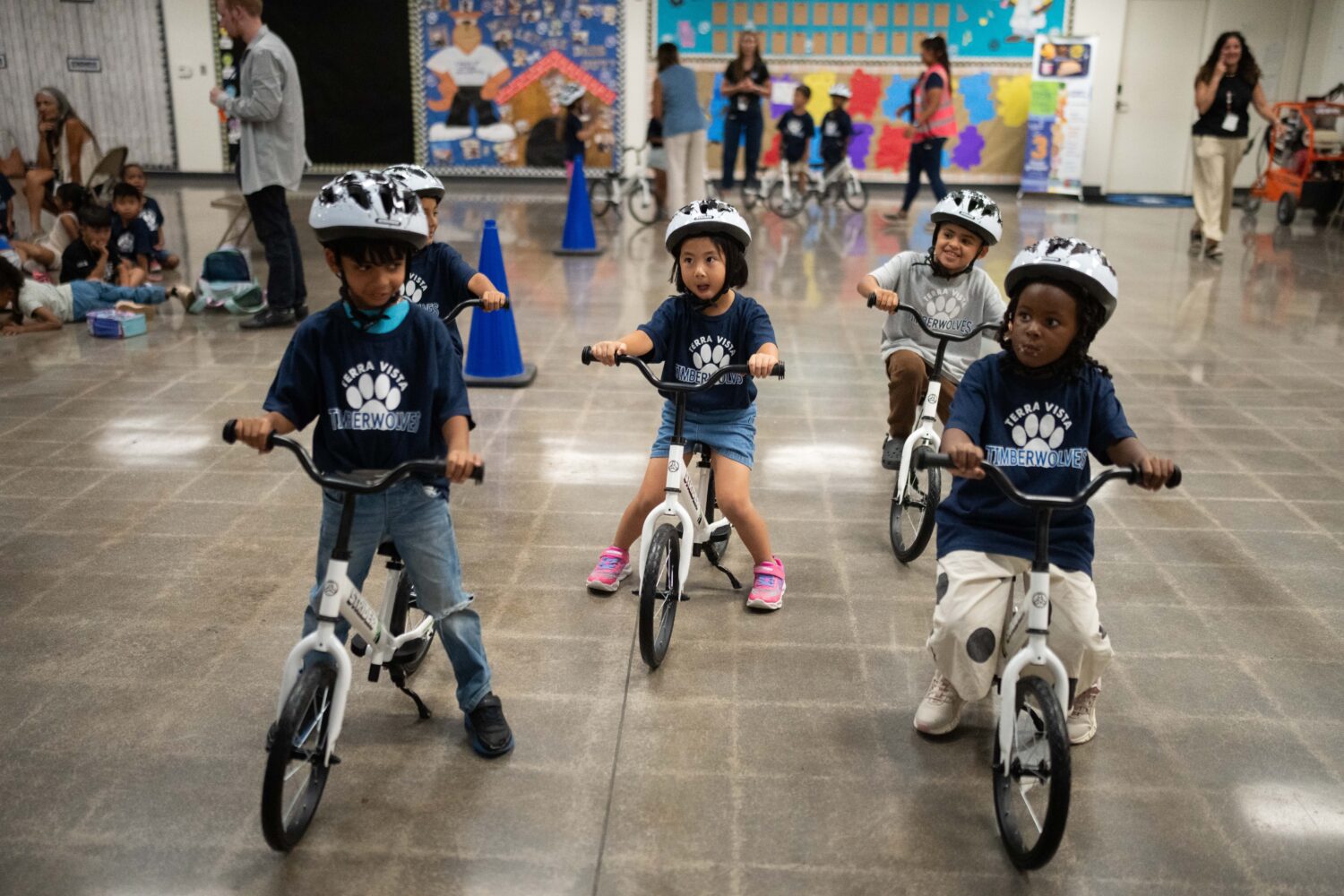 Students participate in a learn-to-ride program at Terra Vista Elementary School in Rancho Cucamong...