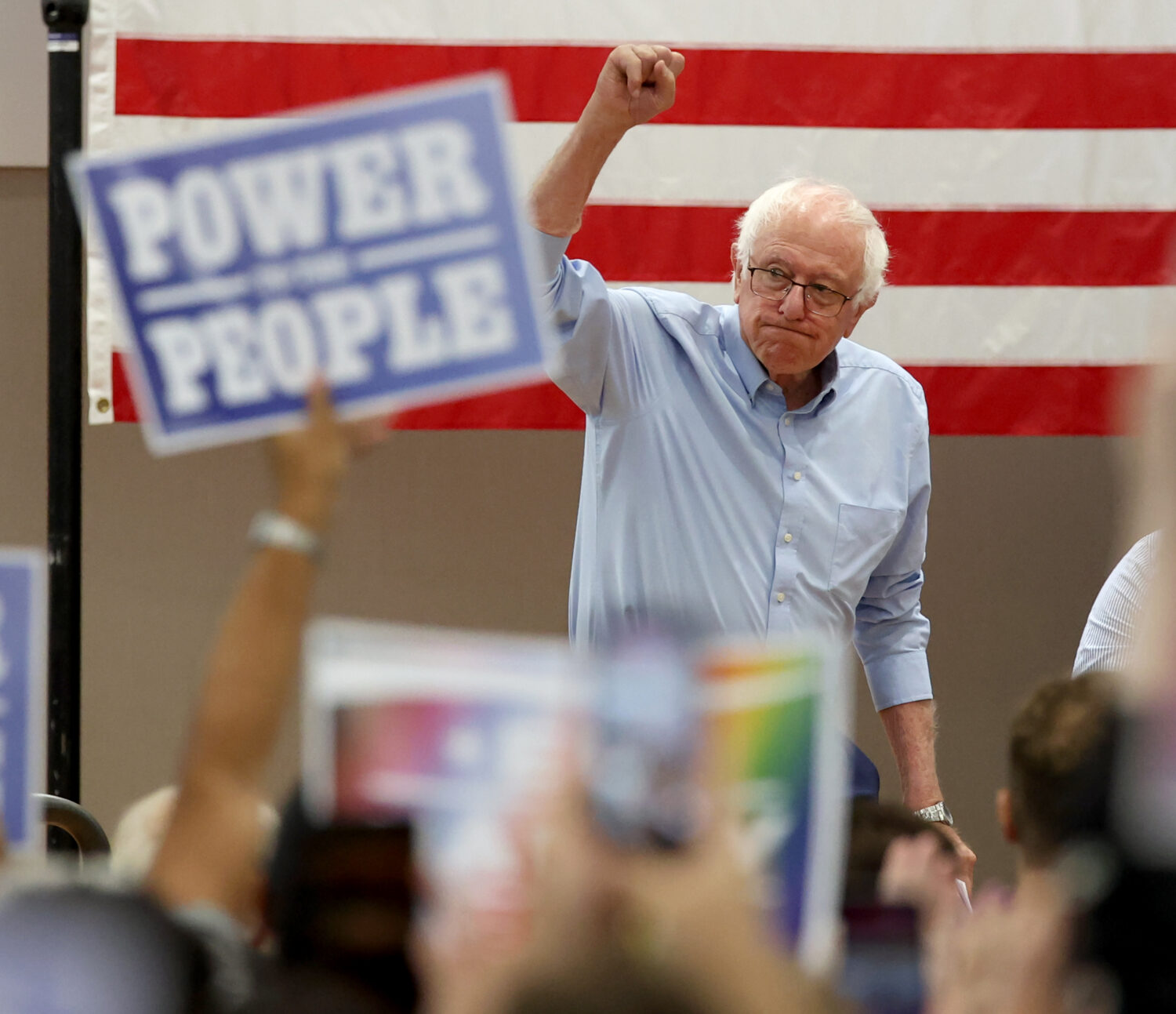 Sen. Bernie Sanders, I-Vt., walks onto the stage during a Get Out the Vote campaign event supportin...