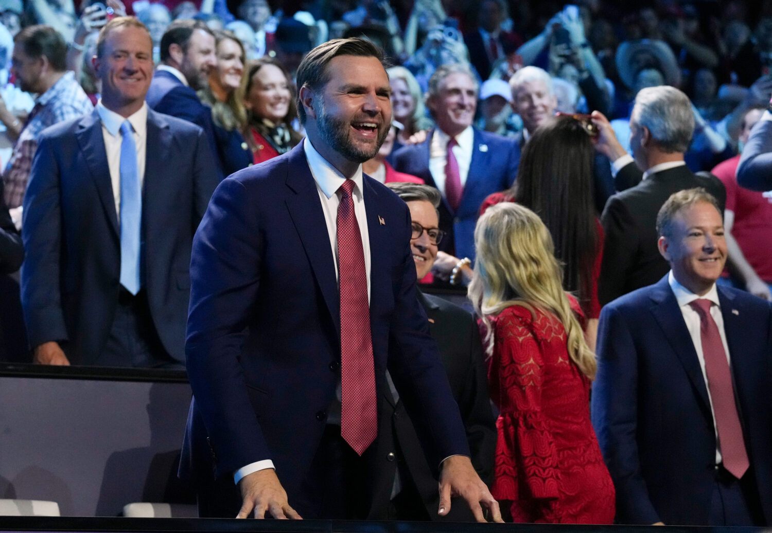 Vice President JD Vance greets the crowd during the Republican National Midterm Convention, Wednesd...