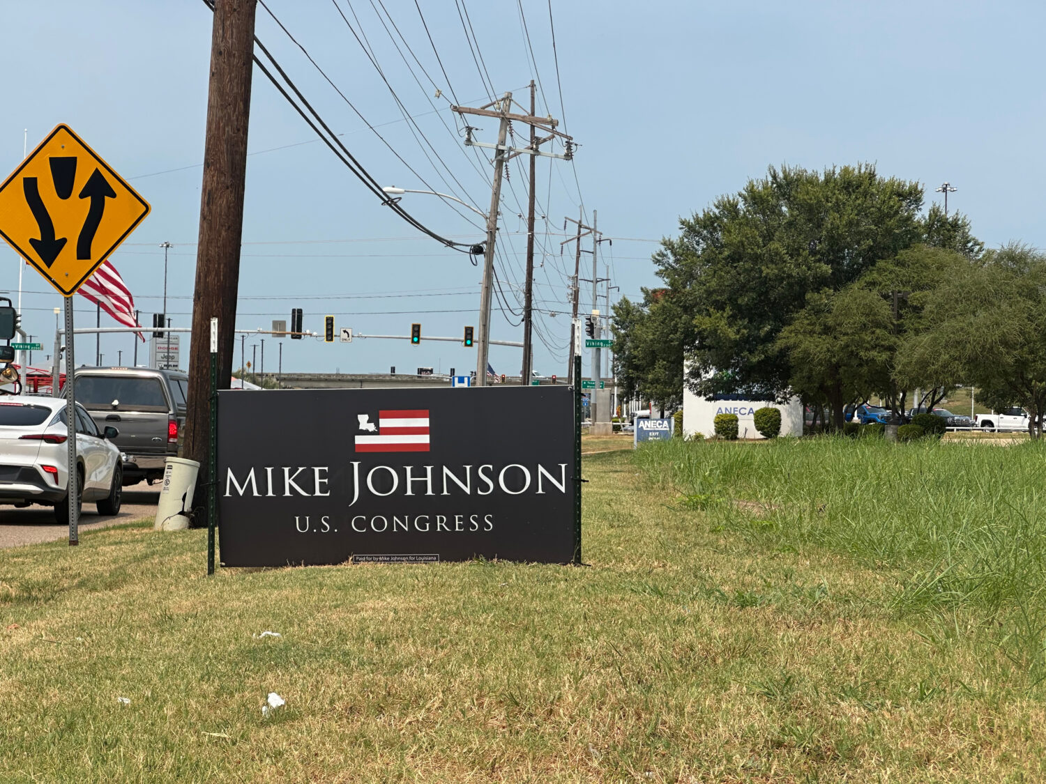 A campaign sign in support of House Speaker Mike Johnson is pictured Wednesday, Aug. 26, 2026, in B...