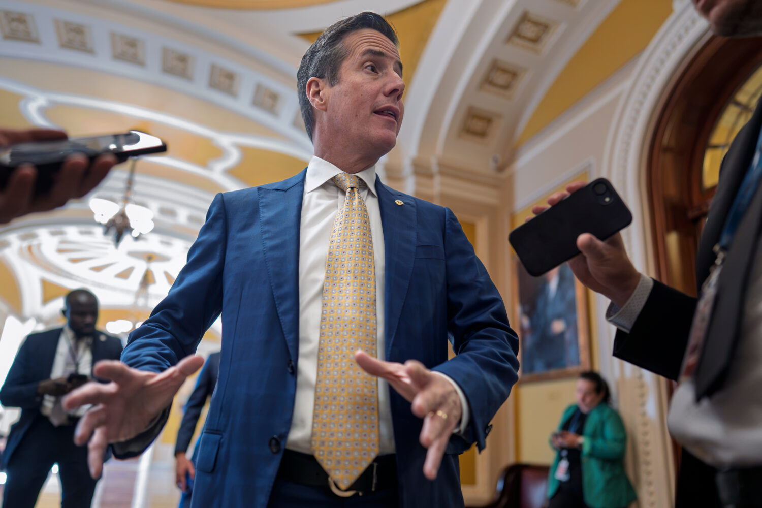 Sen. Bernie Moreno, R-Ohio, talks to reporters outside the chamber at the Capitol in Washington, We...