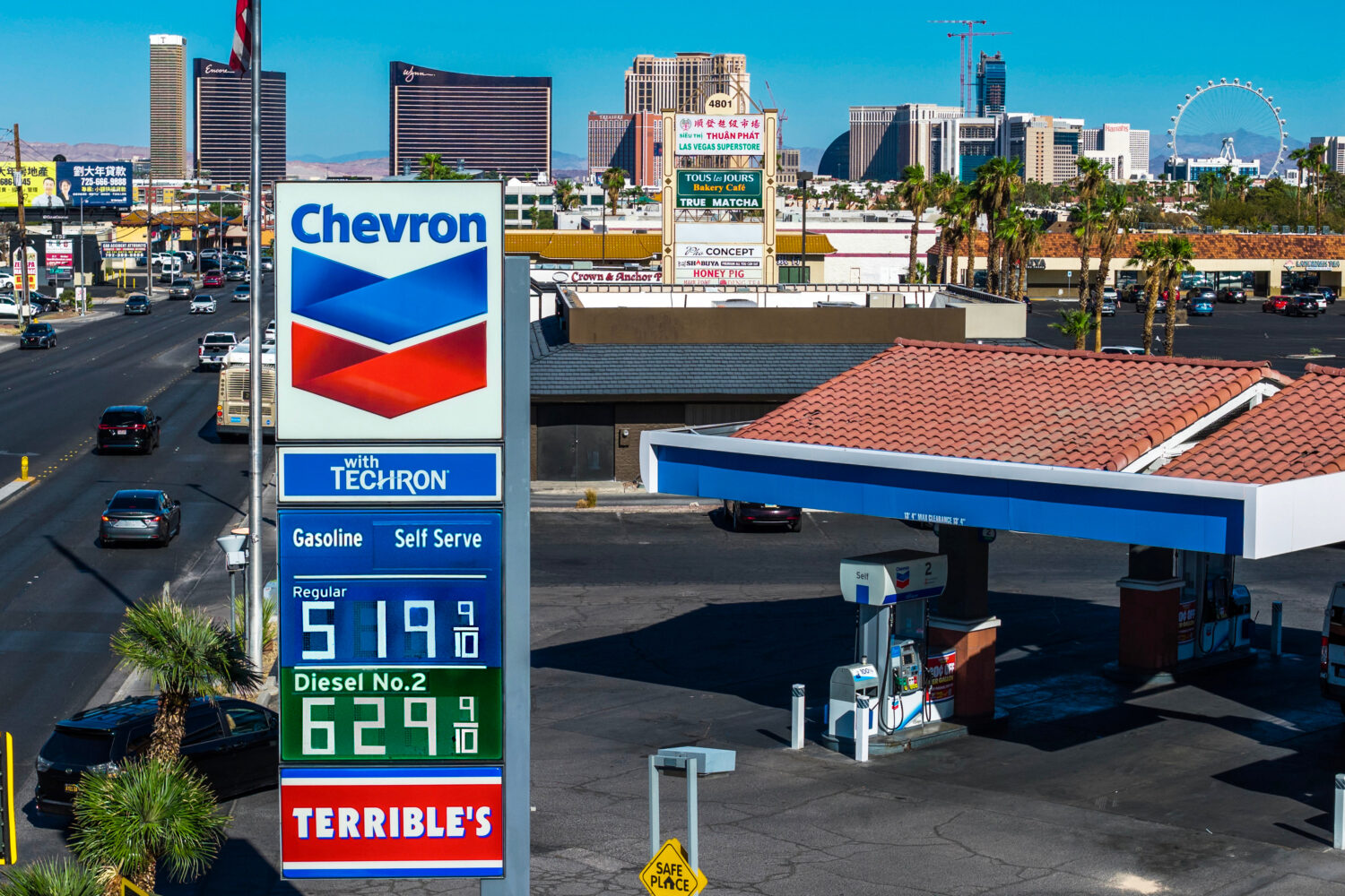 Chevron gas station prices are displayed in Las Vegas on Thursday, Sept. 3, 2026 (L.E. Baskow/Las V...