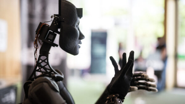 A robot using artificial intelligence is displayed at a stand during the International Telecommunication Union (ITU) AI for Good Global Summit in Geneva, on May 30, 2024. Humanity is in a race against time to harness the colossal emerging power of artificial intelligence for the good of all, while averting dire risks, a top UN official said. (Photo by FABRICE COFFRINI/AFP via Getty Images)