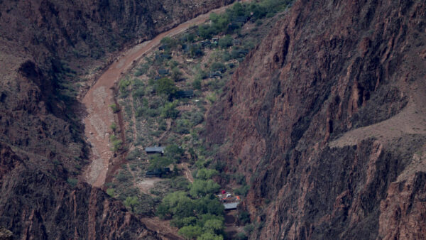 TOPSHOT - The campsite at Bright Angel Creek corridor at the Grand Canyon, which was hit with flash floods is seen from Grand Canyon Village, Arizona, on August 31, 2026. More than 20 people may be missing after the flash flood in Grand Canyon National Park according to the National Park Service. The floods hit the Bright Angel Canyon and Phantom Ranch area on Saturday, the service said, adding that it was working with Arizona authorities to evacuate people and account for individuals in the affected area. (Photo by Ian Maule / AFP via Getty Images)