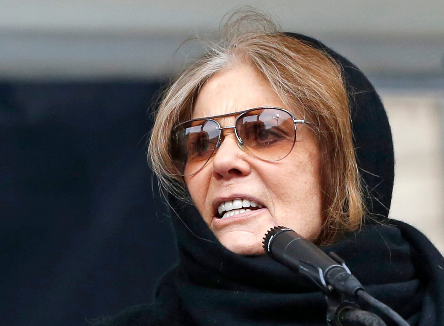 FILE - Feminist Gloria Steinem speaks at a rally organized by Women's March NYC in New York on Jan....