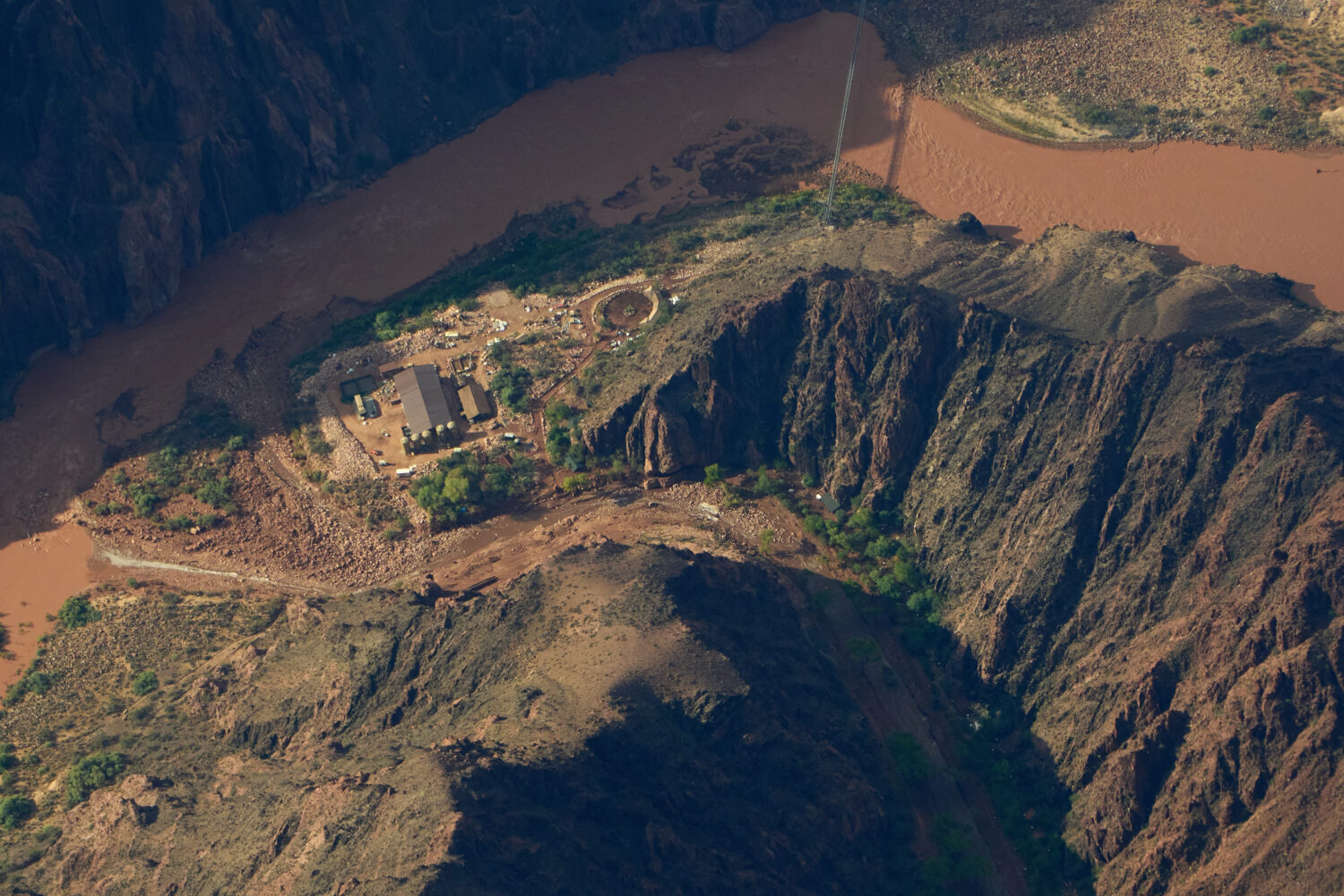 Flood debris lines Bright Angel Canyon near where it meets the Colorado River in the Grand Canyon, ...