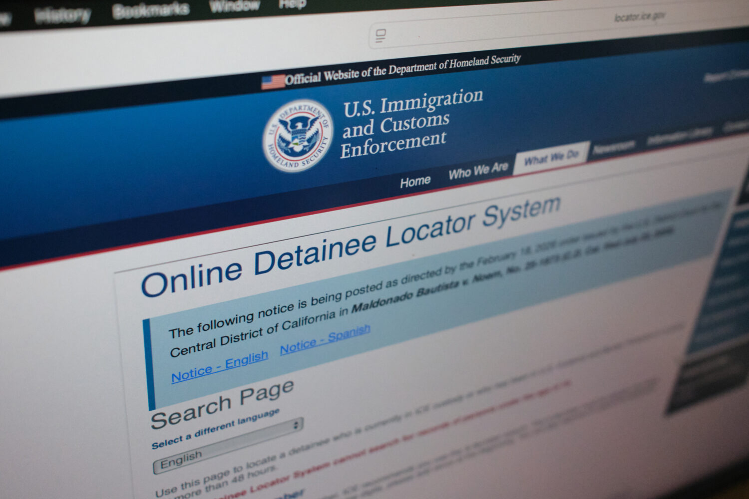 The U.S. Immigration and Customs Enforcement website used to locate someone in immigration detentio...