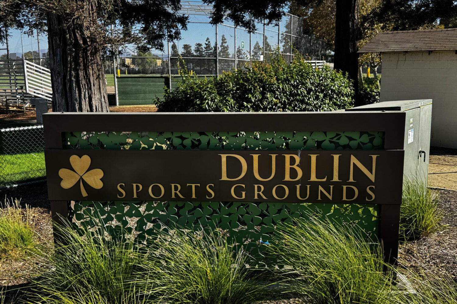 This photo taken with a smartphone shows a Dublin Sports Grounds sign in Dublin, Calif., Monday, Se...