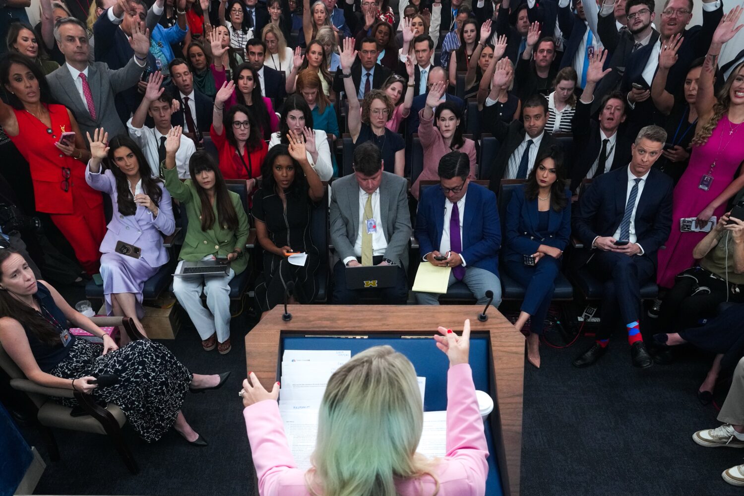 FILE - White House press secretary Karoline Leavitt speaks with reporters in the James Brady Press ...