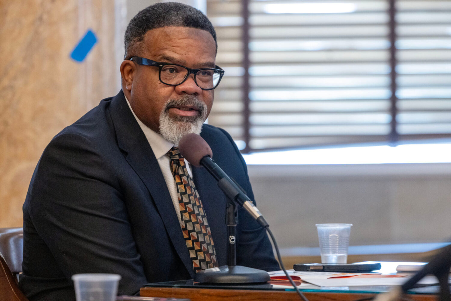 Will Russell, superintendent of Leake County School District, speaks during a meeting of the House ...