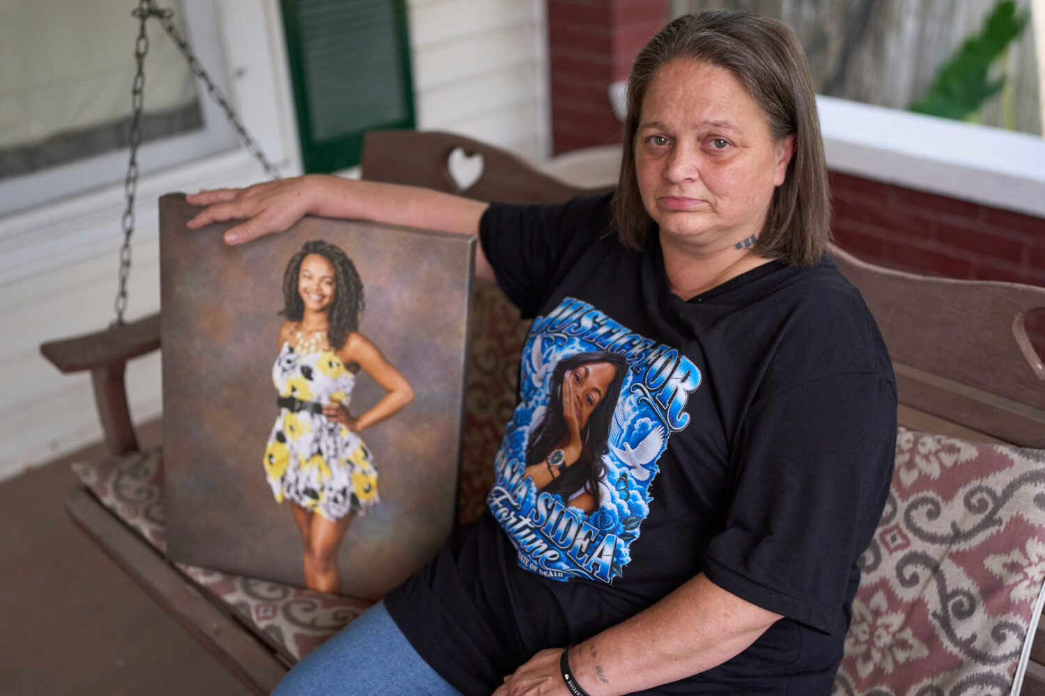 Christy Spivey poses with a portrait of her late daughter, Tasia Fortune, on Tuesday, Sept. 8, 2026...