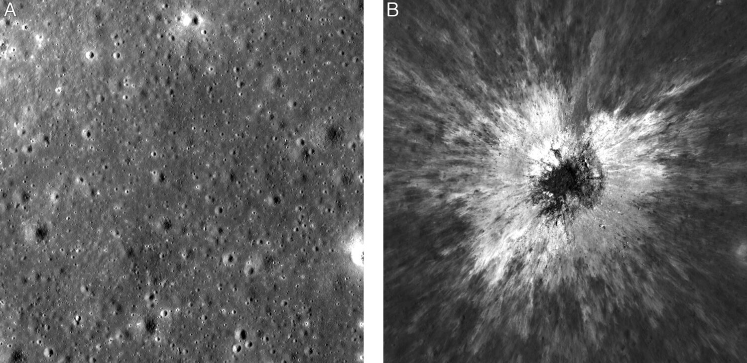 This combination of photos made by NASA's Lunar Reconnaissance Orbiter shows the same area on the s...