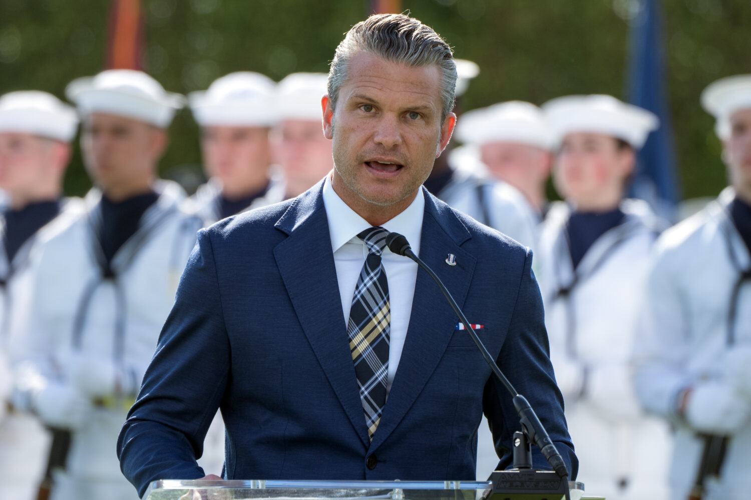 Defense Secretary Pete Hegseth speaks during the POW/MIA National Recognition Day Ceremony at the P...
