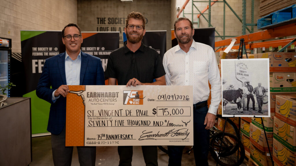 Earnhardt Auto Centers donated $75,000 to The Society of St. Vincent de Paul as part of its year of surprise gifts to the celebrate the company's 75th anniversary.
