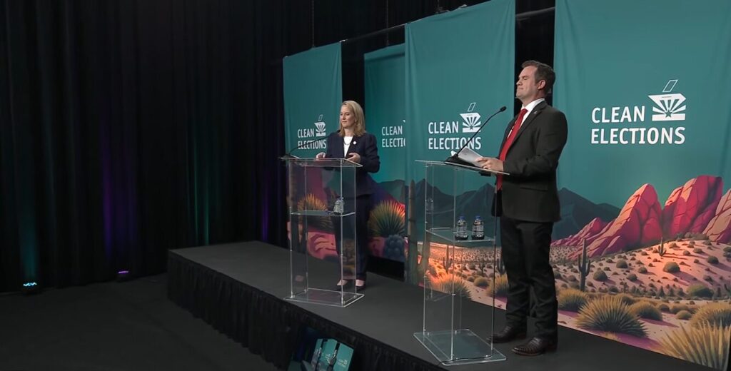 Republican Warren Petersen and Democrat Kris Mayes face off in the Arizona attorney general debate on Sept. 23, 2026. (Screenshot via Arizona Citizens Clean Elections Commission)