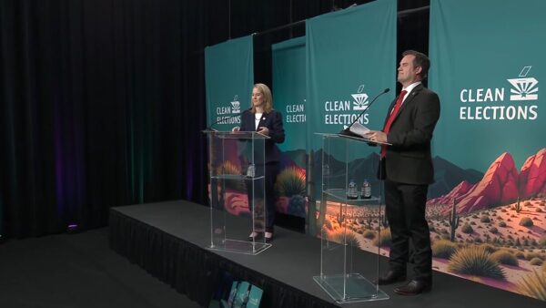 Republican Warren Petersen and Democrat Kris Mayes face off in the Arizona attorney general debate on Sept. 23, 2026. (Screenshot via Arizona Citizens Clean Elections Commission)