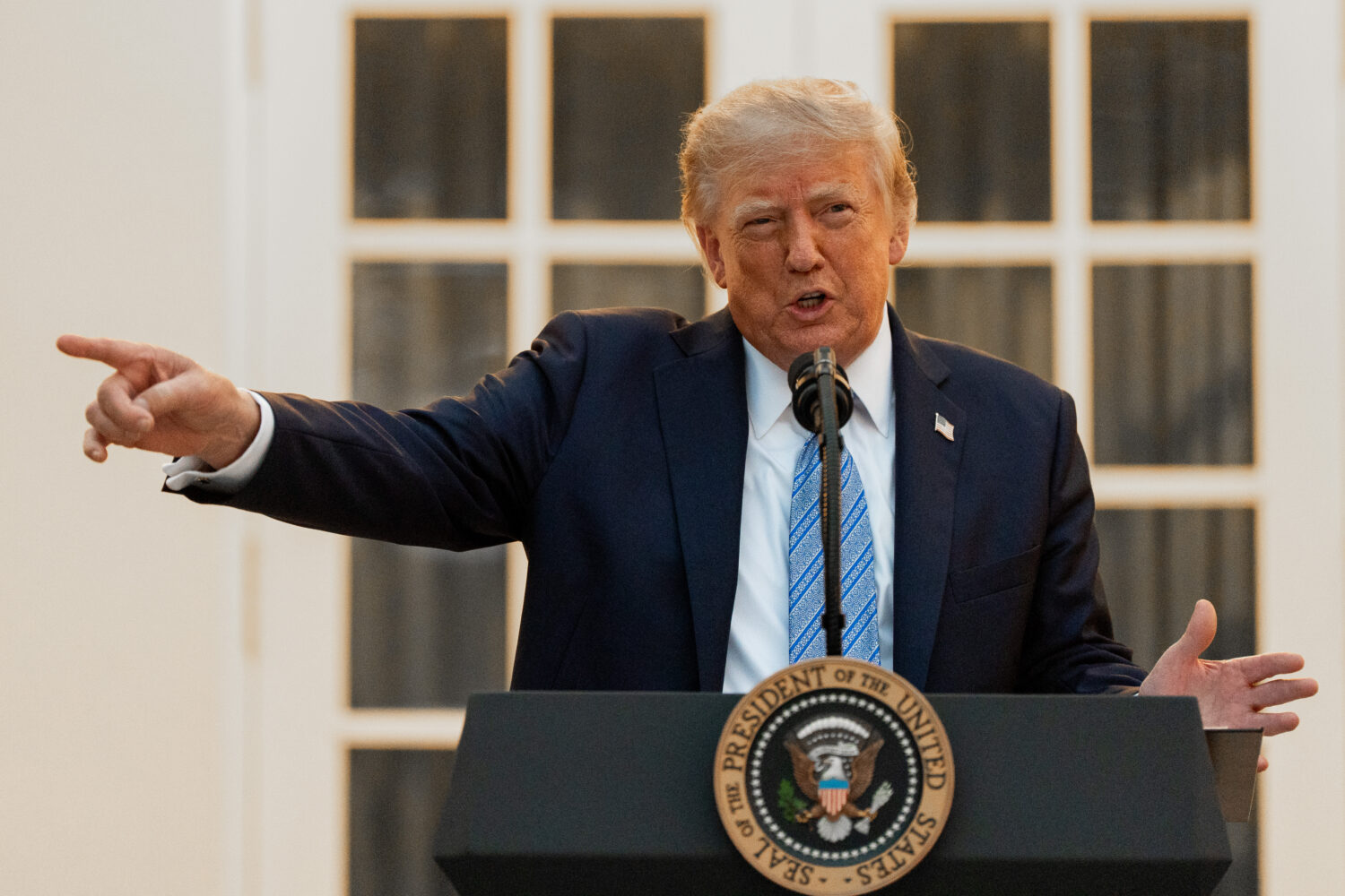 President Donald Trump speaks during a dinner in the Rose Garden of the White House, Thursday, Sept...