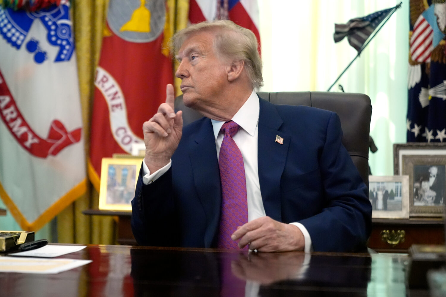 President Donald Trump gestures in the Oval Office of the White House, Thursday, Aug. 27, 2026, in ...