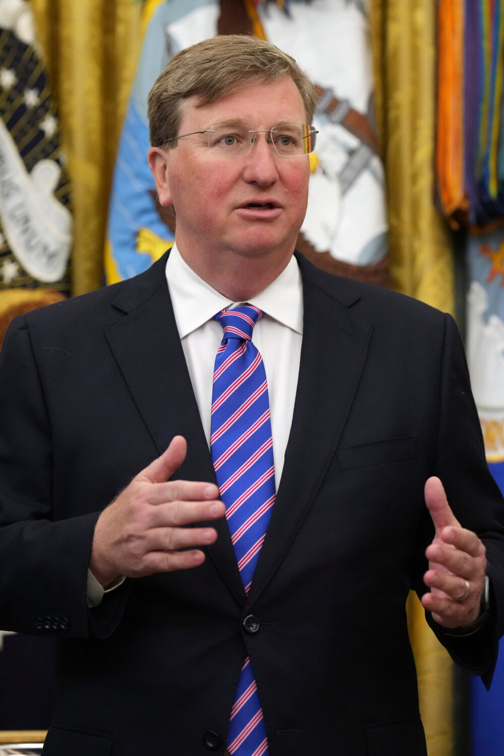 Mississippi Gov. Tate Reeves speaks during an event with President Donald Trump about healthcare, i...