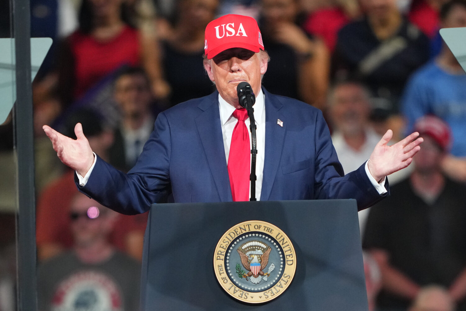 President Donald Trump speaks during a campaign rally at the Gastonia Municipal Airport, Wednesday,...