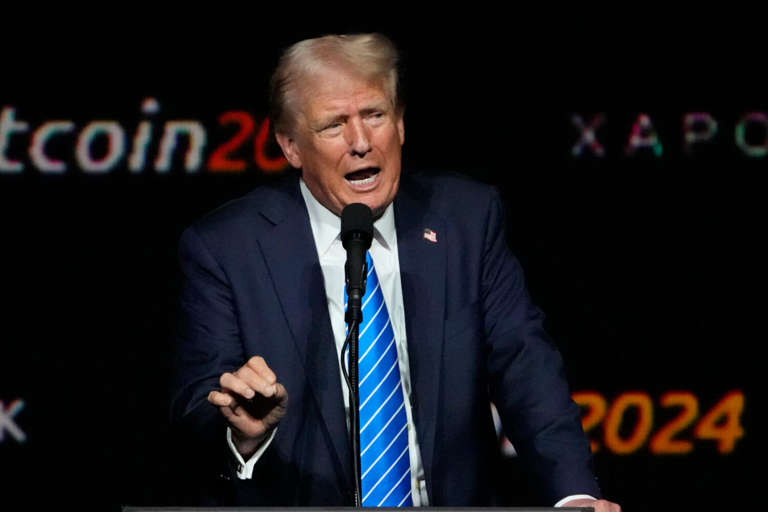 FILE - Republican presidential candidate former President Donald Trump speaks at the Bitcoin Confer...
