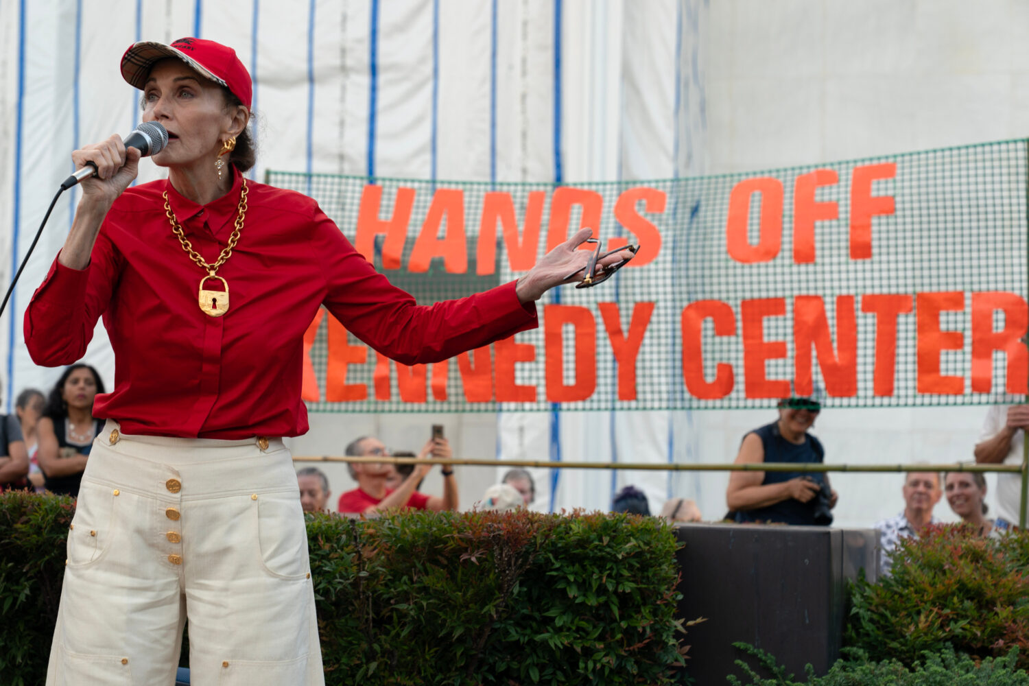 Actress Lynda Carter speaks to the crowd as they rally against the closing of the John F. Kennedy C...
