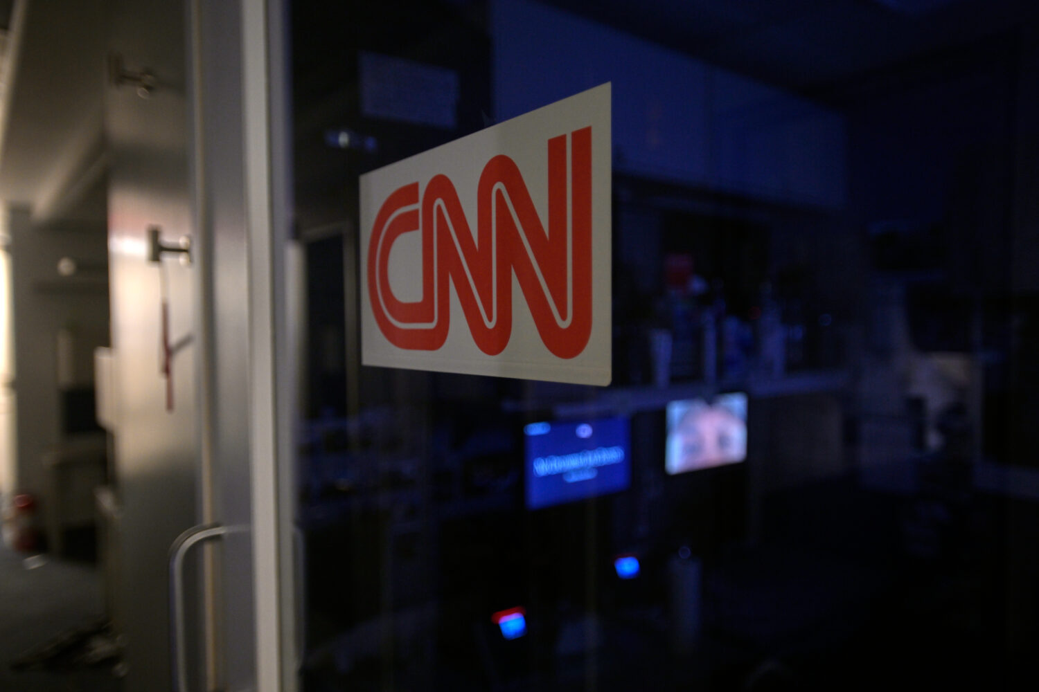 A logo on a booth for CNN is seen in the press area at the White House, Saturday, Sept. 26, 2026, i...