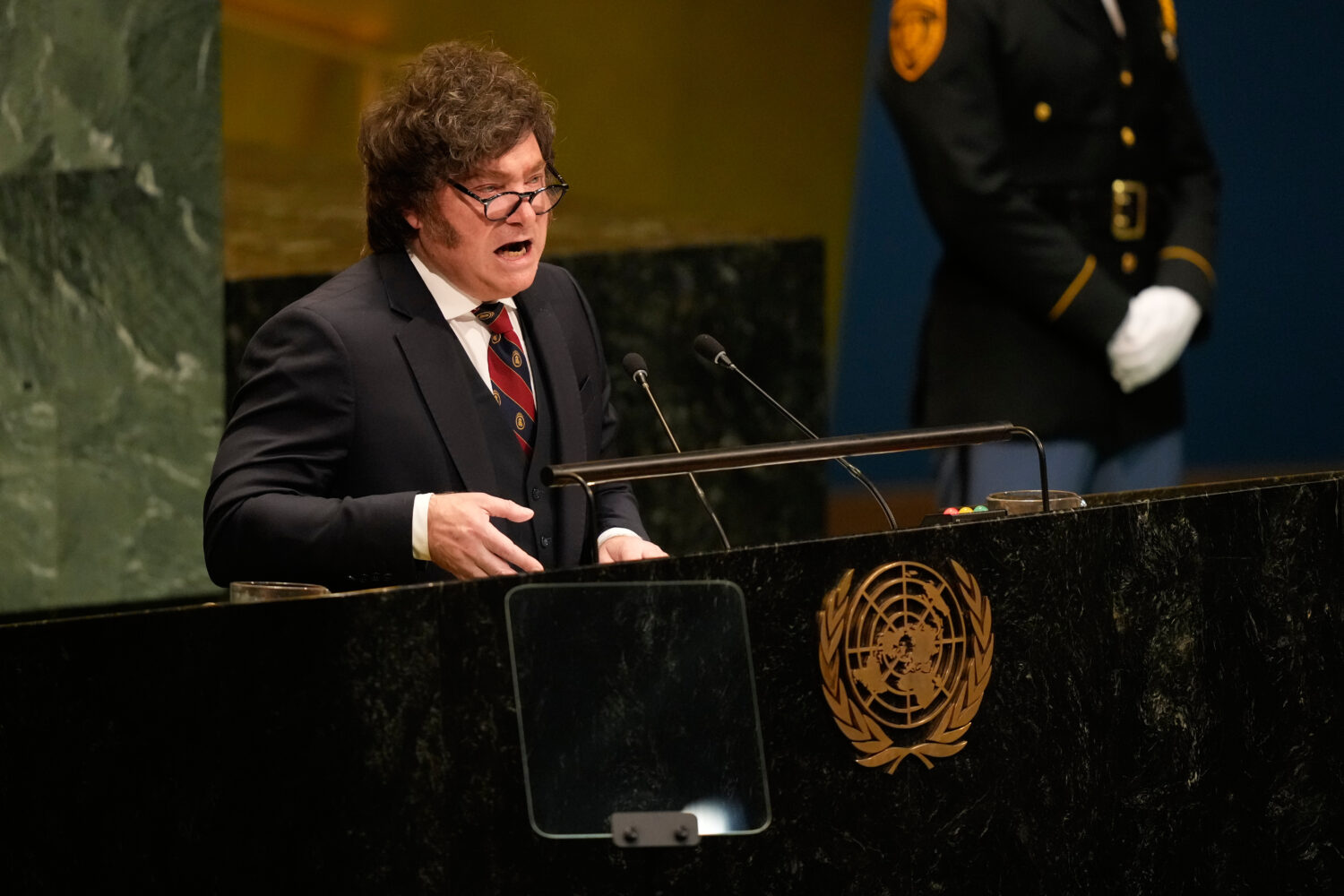 Argentina's President Javier Milei speaks during the 81st session of the United Nations General Ass...