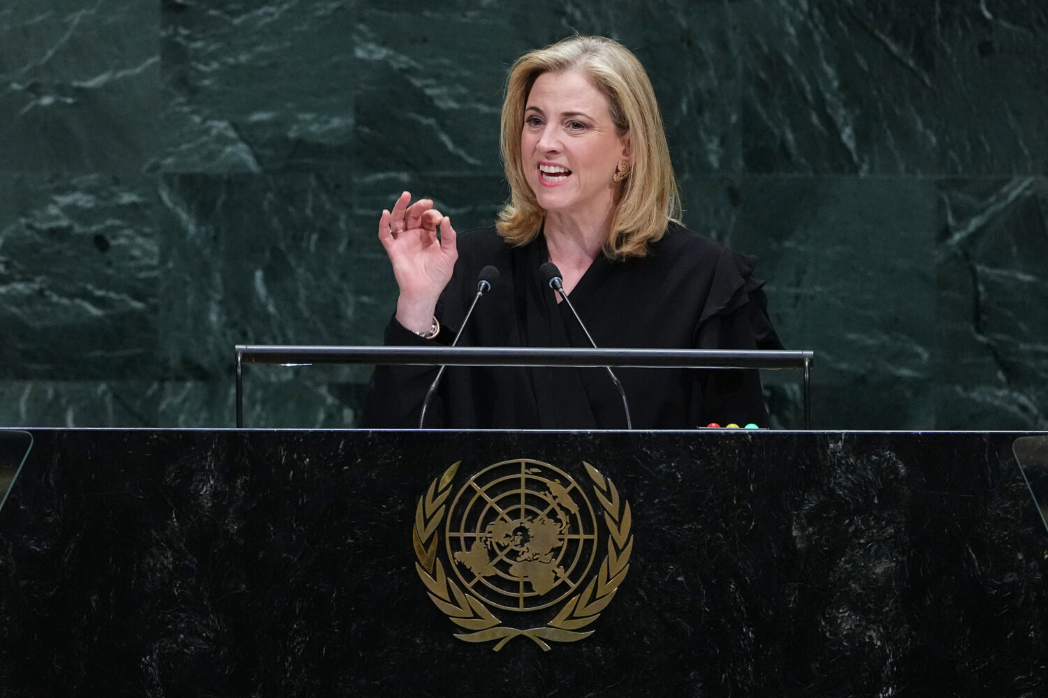 Austrian Foreign Minister Beate Meinl-Reisinger addresses the 81st session of the United Nations Ge...