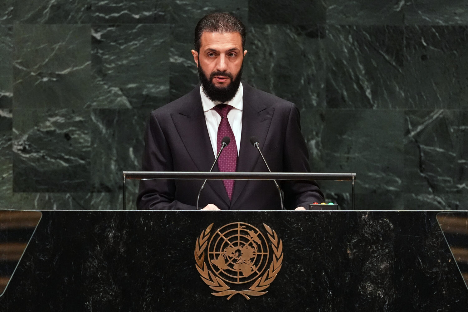 Syria's President Ahmed al-Sharaa speaks during the 81st session of the United Nations General Asse...