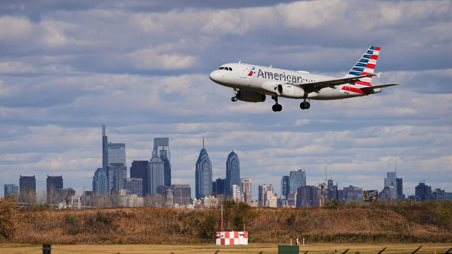 FILE - An aircraft lands at Philadelphia International Airport in Philadelphia, Nov. 6, 2025. (AP P...