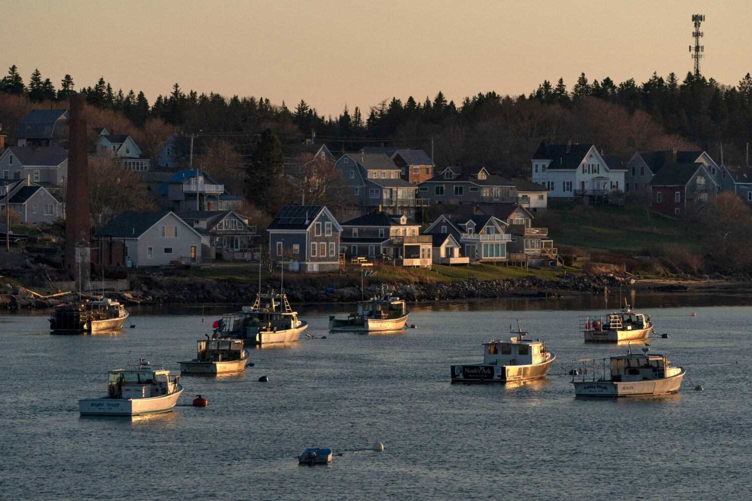 FILE - Lobster boats sit at their moorings in Jonesport, Maine, April 28, 2023. (AP Photo/Robert F....