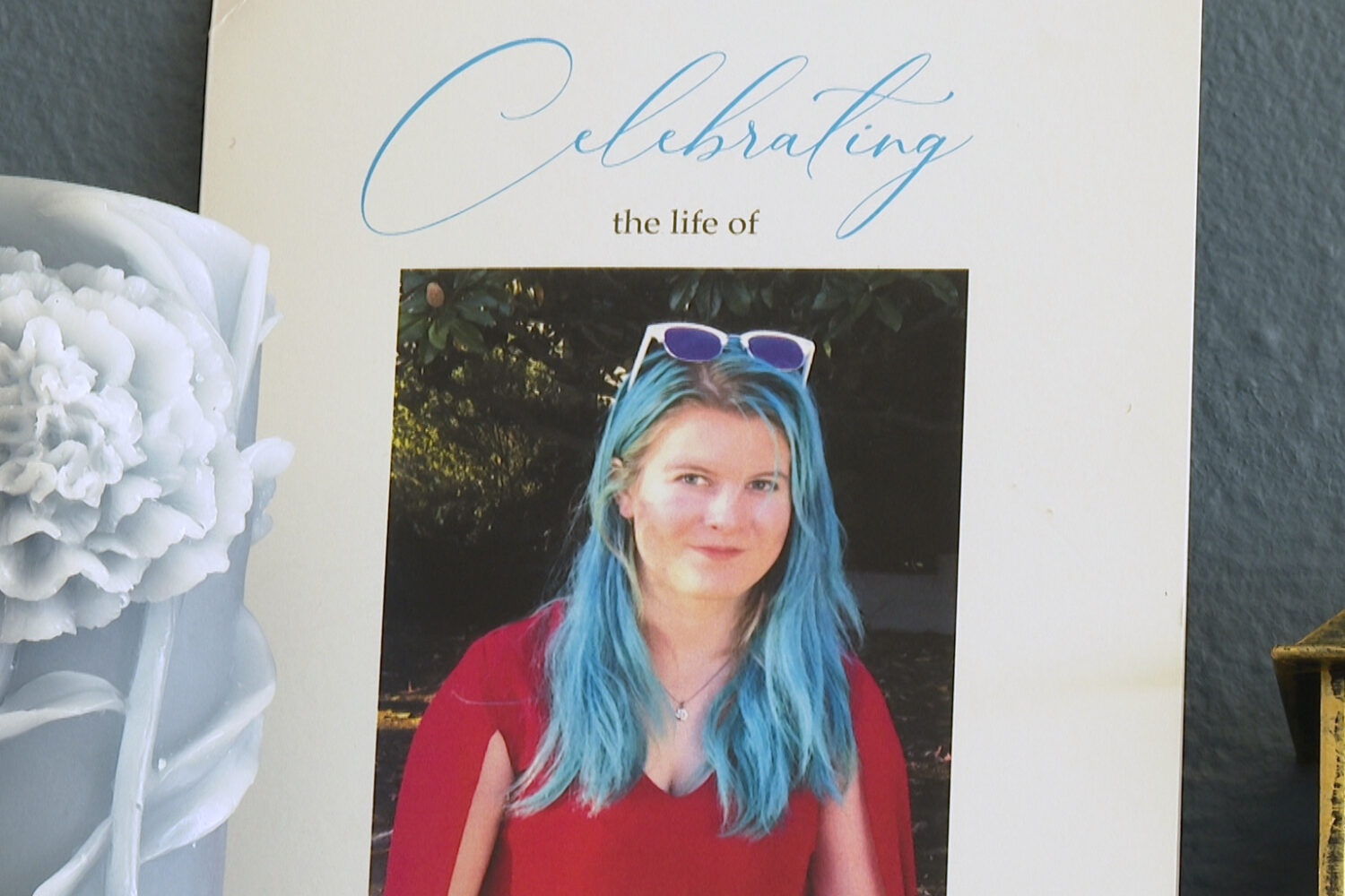 This image from video shows a photo of Emily Normandin-Parker on her memorial program at her parent...