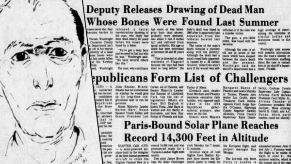 A 1981 Arizona Daily Star article shows a facial reconstruction drawing of the man known as Flagstaff Kowboy John Doe. Investigators have identified his skeletal remains, found in 1980, as those of an Arizona man who disappeared in 1956. His name has not been released. (Photo via newspapers.com)