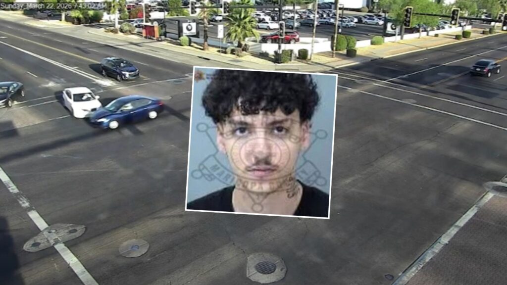 Ali Alebadi is shown alongside Glendale Police Department footage of the deadly March 22 crash near 51st and Glendale avenues. (Glendale Police Department)