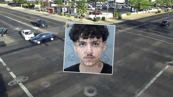 Ali Alebadi is shown alongside Glendale Police Department footage of the deadly March 22 crash near 51st and Glendale avenues. (Glendale Police Department)