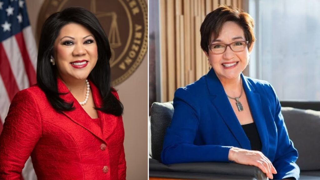 Republican Kimberly Yee (left) and Democrat Teresa Leyba Ruiz are competing for Arizona Superintendent of Public Instruction. The candidates will debate Tuesday at 6 p.m. (Photos courtesy of the Arizona Treasury and the Ruiz campaign)